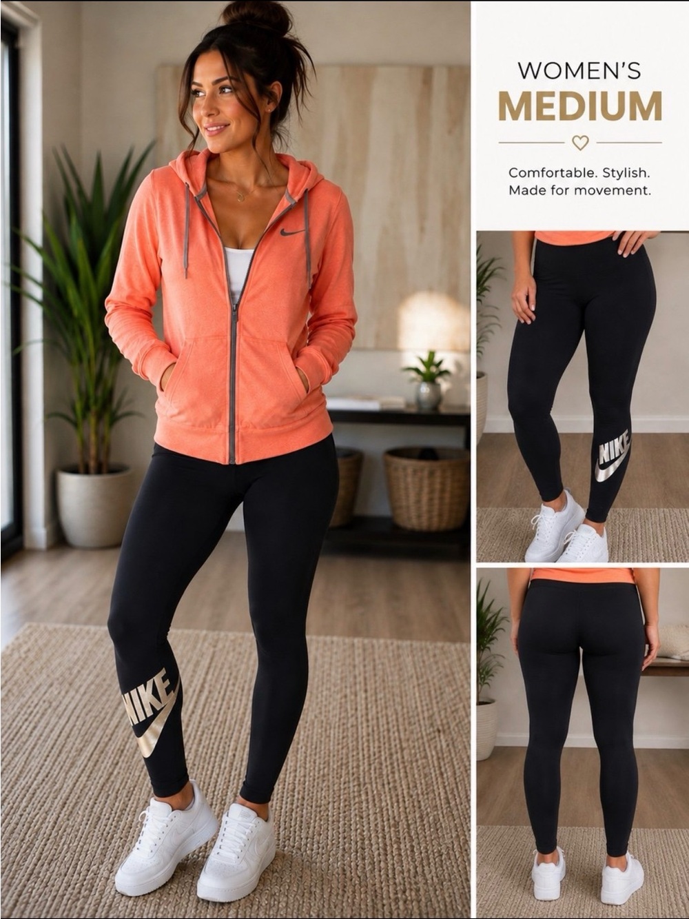 Nike Women's Black Leggings with coral zip up
